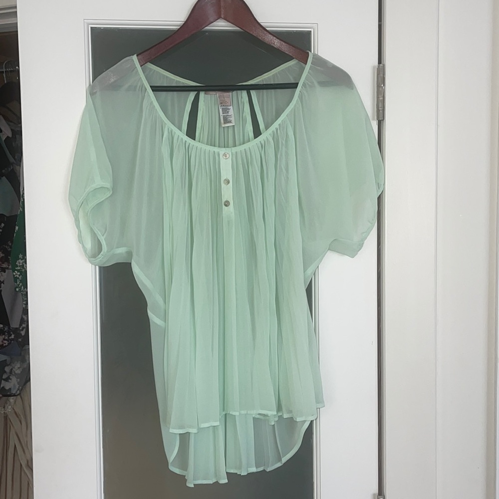 Sheer mint green pleated short sleeve blouse